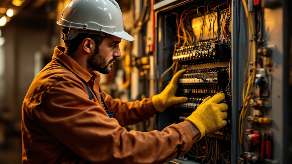 Electrician inspecting an electrical distribution panel in Dubai